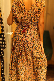 VICTORIA SILK DRESS LEAFY BLUE - sustainably made MOMO NEW YORK sustainable clothing, Boho Chic Dress slow fashion