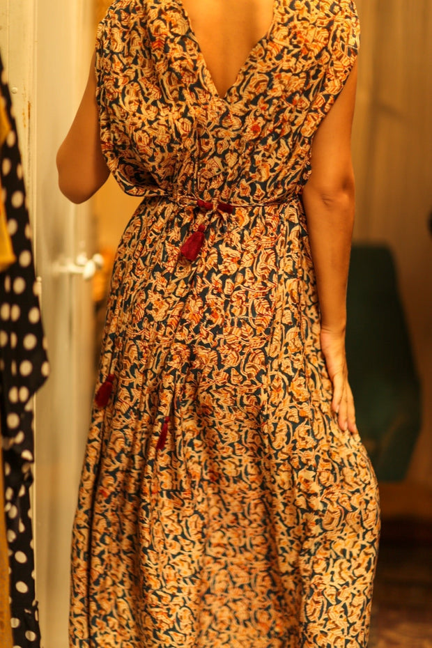 VICTORIA SILK DRESS LEAFY BLUE - sustainably made MOMO NEW YORK sustainable clothing, Boho Chic Dress slow fashion