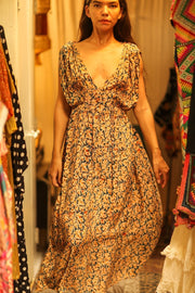VICTORIA SILK DRESS LEAFY BLUE - sustainably made MOMO NEW YORK sustainable clothing, Boho Chic Dress slow fashion