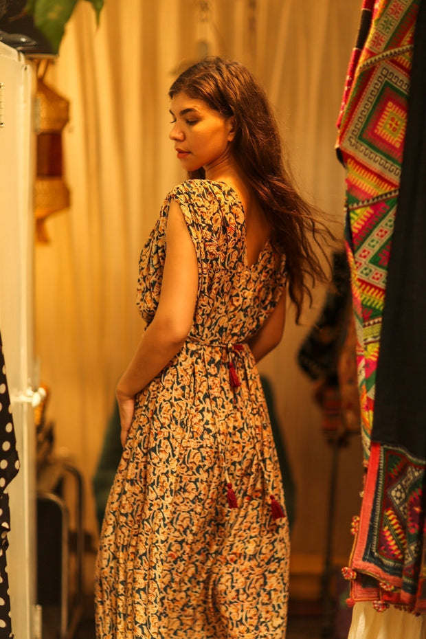 VICTORIA SILK DRESS LEAFY BLUE - sustainably made MOMO NEW YORK sustainable clothing, Boho Chic Dress slow fashion