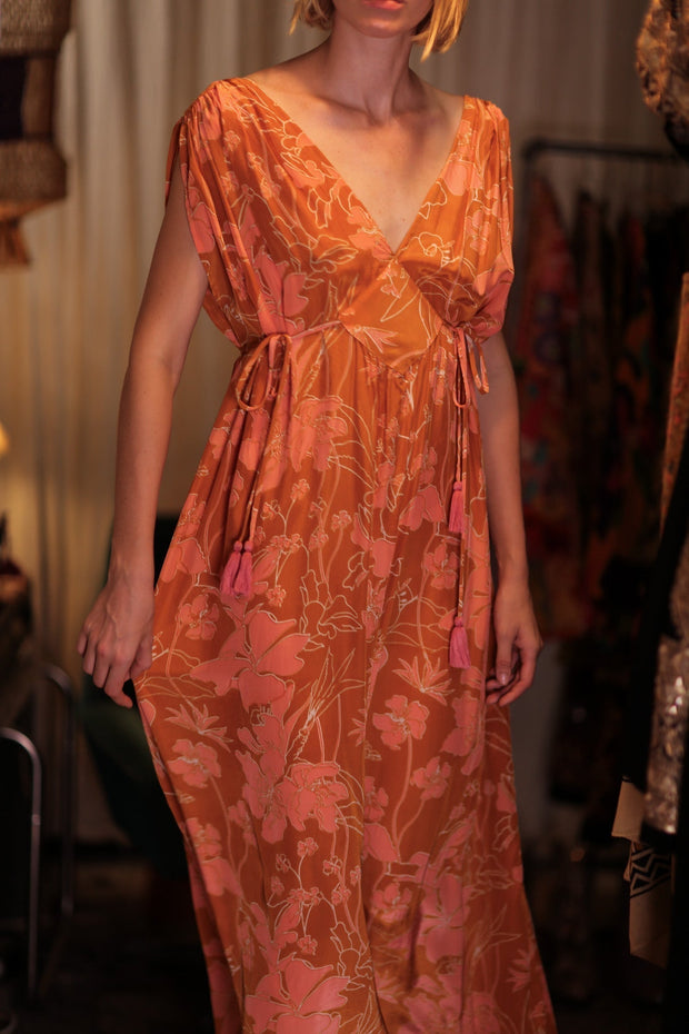 VICTORIA SILK DRESS ORANGE FLOWER - sustainably made MOMO NEW YORK sustainable clothing, Boho Chic Dress slow fashion