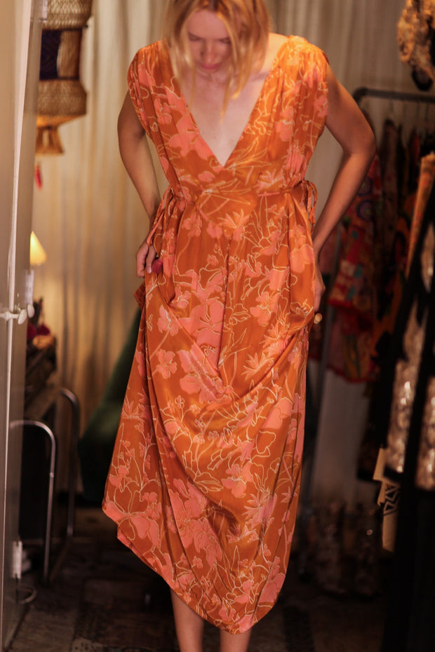 VICTORIA SILK DRESS ORANGE FLOWER - sustainably made MOMO NEW YORK sustainable clothing, Boho Chic Dress slow fashion