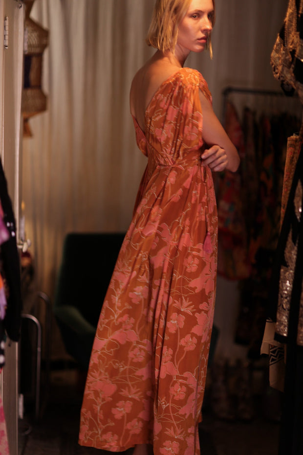 VICTORIA SILK DRESS ORANGE FLOWER - sustainably made MOMO NEW YORK sustainable clothing, Boho Chic Dress slow fashion
