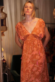 VICTORIA SILK DRESS ORANGE FLOWER - sustainably made MOMO NEW YORK sustainable clothing, Boho Chic Dress slow fashion