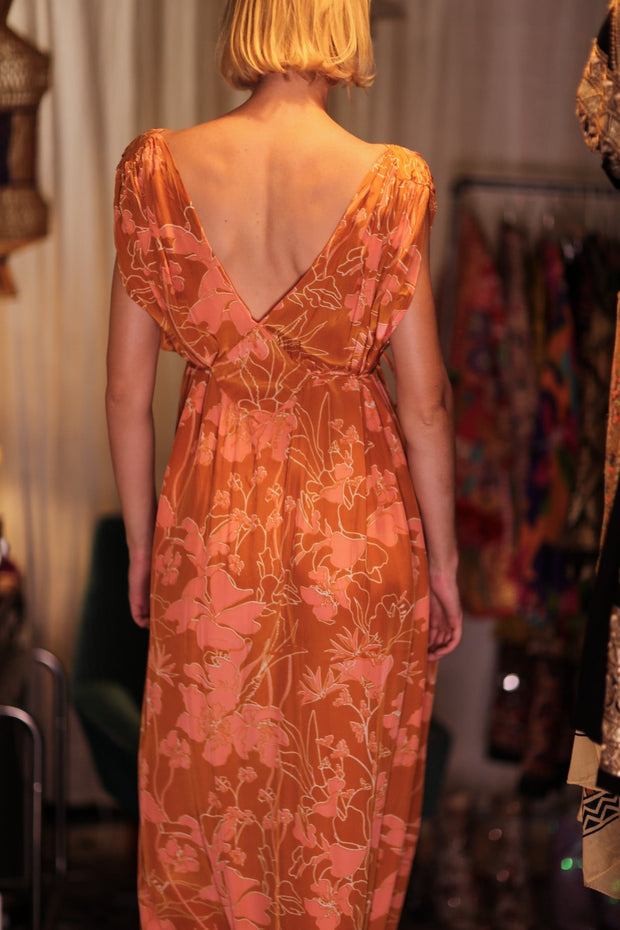 VICTORIA SILK DRESS ORANGE FLOWER - sustainably made MOMO NEW YORK sustainable clothing, Boho Chic Dress slow fashion