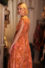VICTORIA SILK DRESS ORANGE FLOWER - sustainably made MOMO NEW YORK sustainable clothing, Boho Chic Dress slow fashion