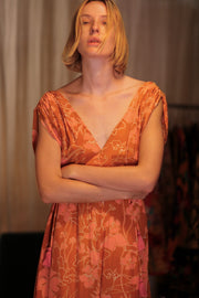 VICTORIA SILK DRESS ORANGE FLOWER - sustainably made MOMO NEW YORK sustainable clothing, Boho Chic Dress slow fashion