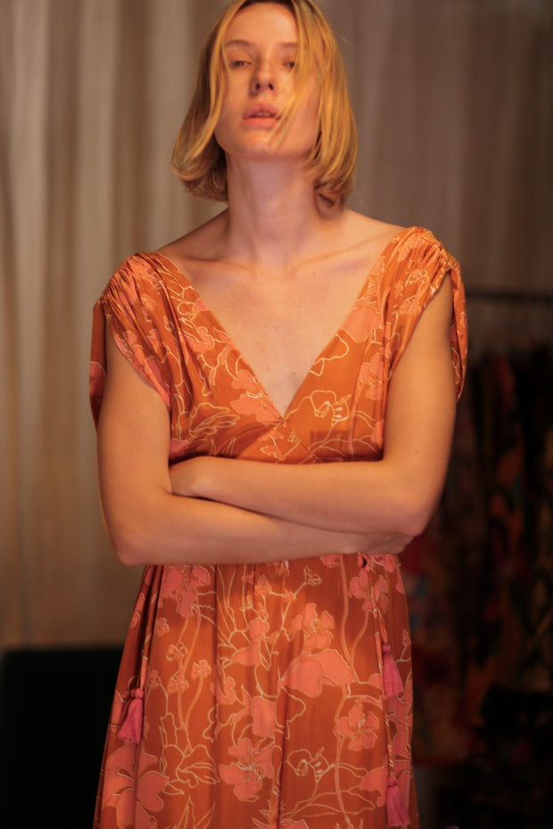 VICTORIA SILK DRESS ORANGE FLOWER - sustainably made MOMO NEW YORK sustainable clothing, Boho Chic Dress slow fashion
