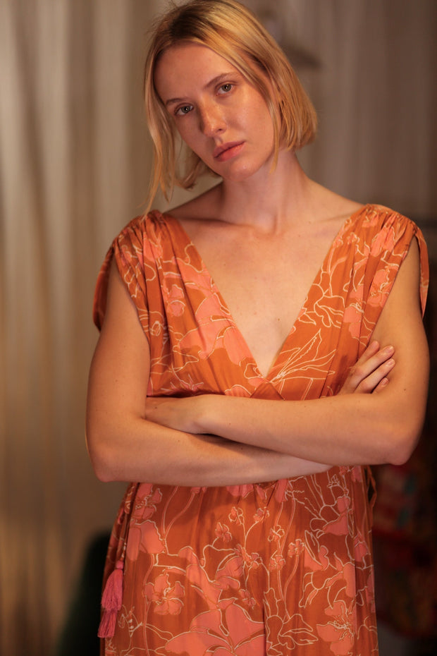 VICTORIA SILK DRESS ORANGE FLOWER - sustainably made MOMO NEW YORK sustainable clothing, Boho Chic Dress slow fashion