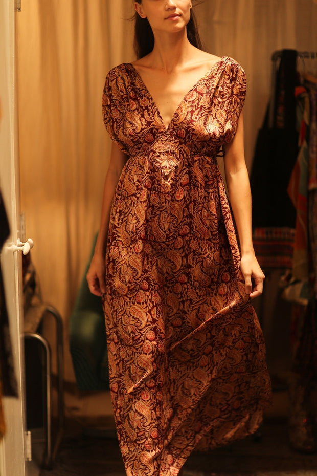 VICTORIA SILK DRESS PAISLEY BROWN - sustainably made MOMO NEW YORK sustainable clothing, Boho Chic Dress slow fashion