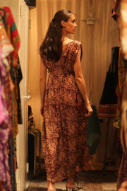 VICTORIA SILK DRESS PAISLEY BROWN - sustainably made MOMO NEW YORK sustainable clothing, Boho Chic Dress slow fashion