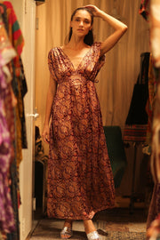 VICTORIA SILK DRESS PAISLEY BROWN - sustainably made MOMO NEW YORK sustainable clothing, Boho Chic Dress slow fashion