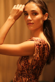 VICTORIA SILK DRESS PAISLEY BROWN - sustainably made MOMO NEW YORK sustainable clothing, Boho Chic Dress slow fashion