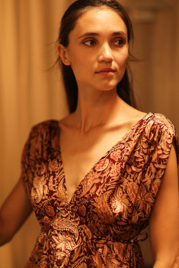 VICTORIA SILK DRESS PAISLEY BROWN - sustainably made MOMO NEW YORK sustainable clothing, Boho Chic Dress slow fashion