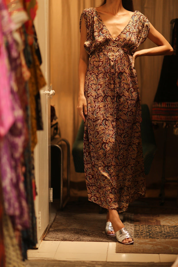 VICTORIA SILK DRESS PAISLEY BURGUNDY - sustainably made MOMO NEW YORK sustainable clothing, Boho Chic Dress slow fashion