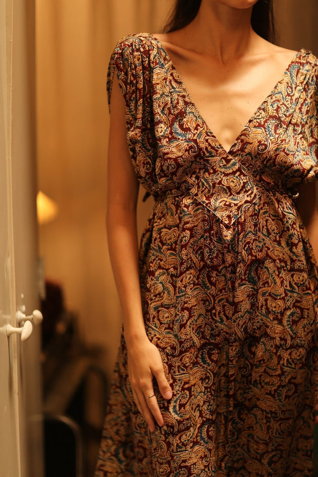 VICTORIA SILK DRESS PAISLEY BURGUNDY - sustainably made MOMO NEW YORK sustainable clothing, Boho Chic Dress slow fashion