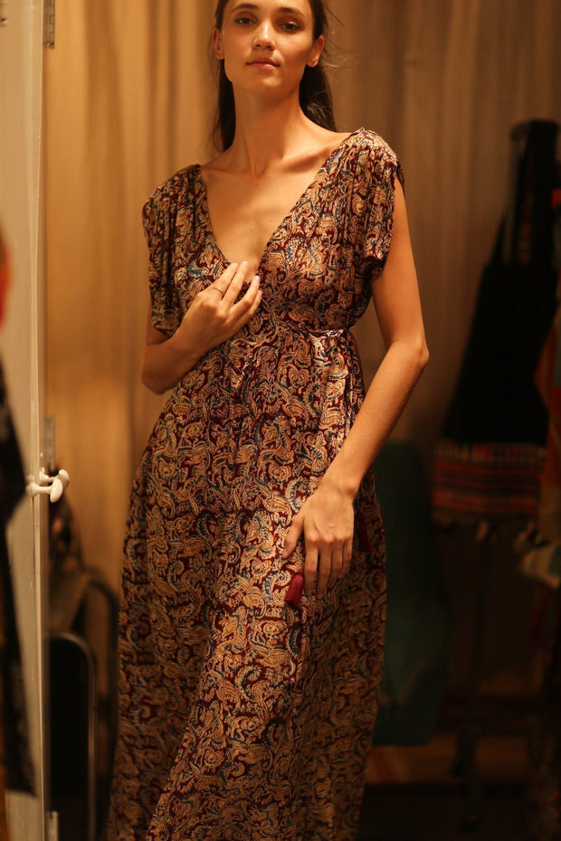VICTORIA SILK DRESS PAISLEY BURGUNDY - sustainably made MOMO NEW YORK sustainable clothing, Boho Chic Dress slow fashion