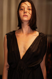 VICTORIA SILK DRESS PITCH BLACK - sustainably made MOMO NEW YORK sustainable clothing, Boho Chic Dress slow fashion