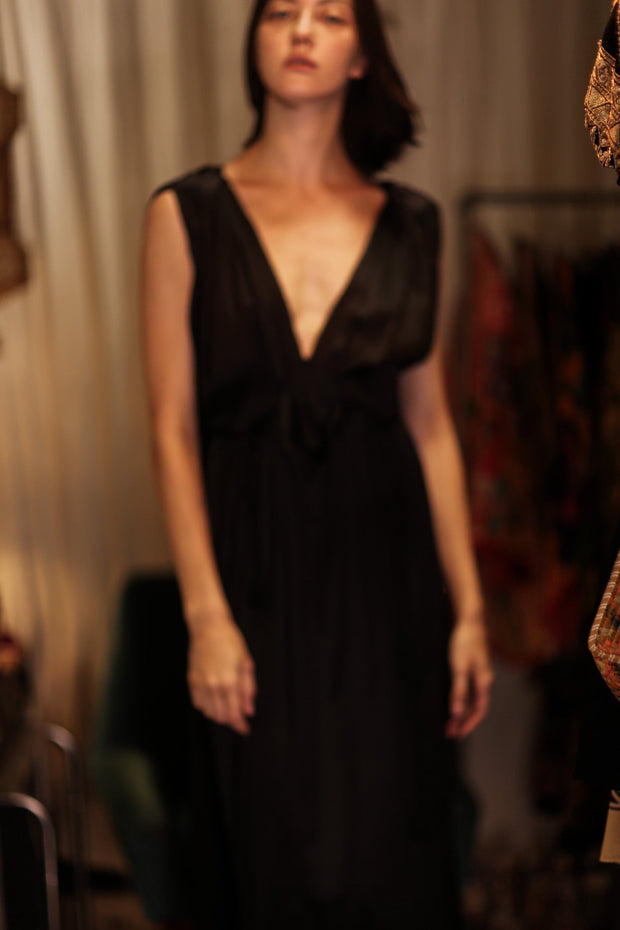 VICTORIA SILK DRESS PITCH BLACK - sustainably made MOMO NEW YORK sustainable clothing, Boho Chic Dress slow fashion