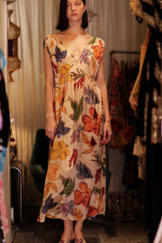VICTORIA SILK DRESS PRESSED FLOWERS - sustainably made MOMO NEW YORK sustainable clothing, Boho Chic Dress slow fashion
