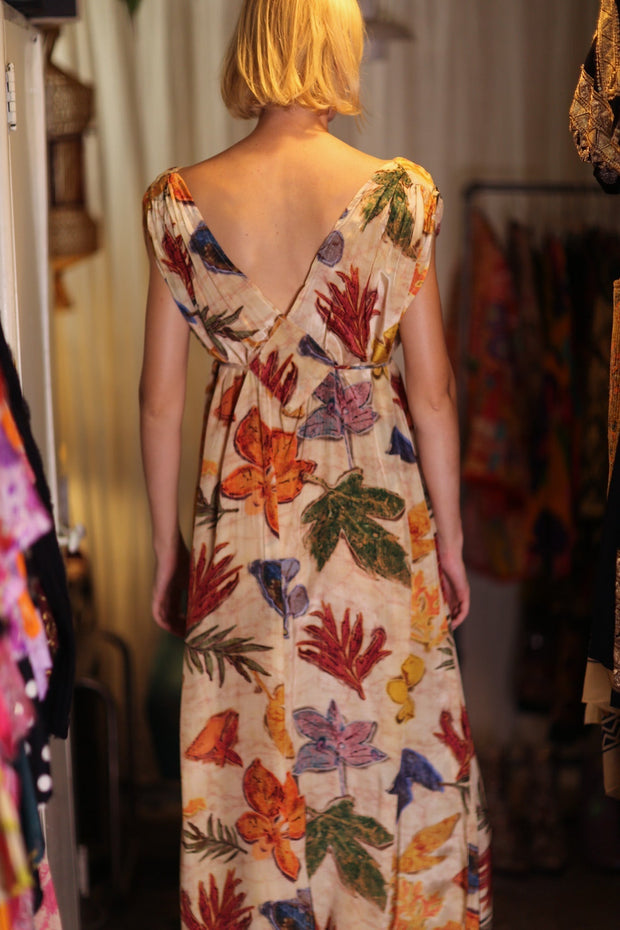 VICTORIA SILK DRESS PRESSED FLOWERS - sustainably made MOMO NEW YORK sustainable clothing, Boho Chic Dress slow fashion