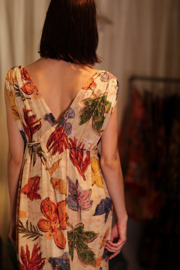 VICTORIA SILK DRESS PRESSED FLOWERS - sustainably made MOMO NEW YORK sustainable clothing, Boho Chic Dress slow fashion