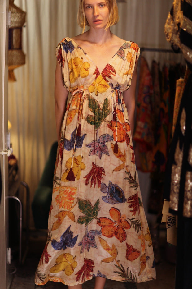 VICTORIA SILK DRESS PRESSED FLOWERS - sustainably made MOMO NEW YORK sustainable clothing, Boho Chic Dress slow fashion