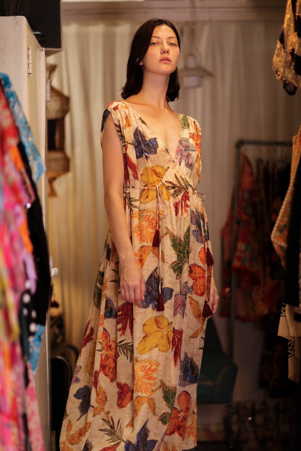 VICTORIA SILK DRESS PRESSED FLOWERS - sustainably made MOMO NEW YORK sustainable clothing, Boho Chic Dress slow fashion