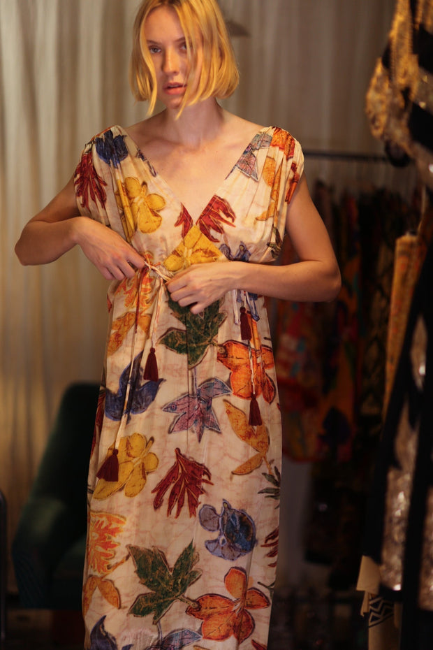 VICTORIA SILK DRESS PRESSED FLOWERS - sustainably made MOMO NEW YORK sustainable clothing, Boho Chic Dress slow fashion