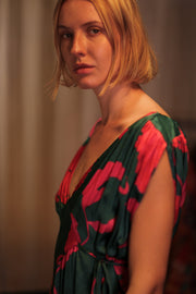 VICTORIA SILK DRESS VERMILION VINES - sustainably made MOMO NEW YORK sustainable clothing, Boho Chic Dress slow fashion