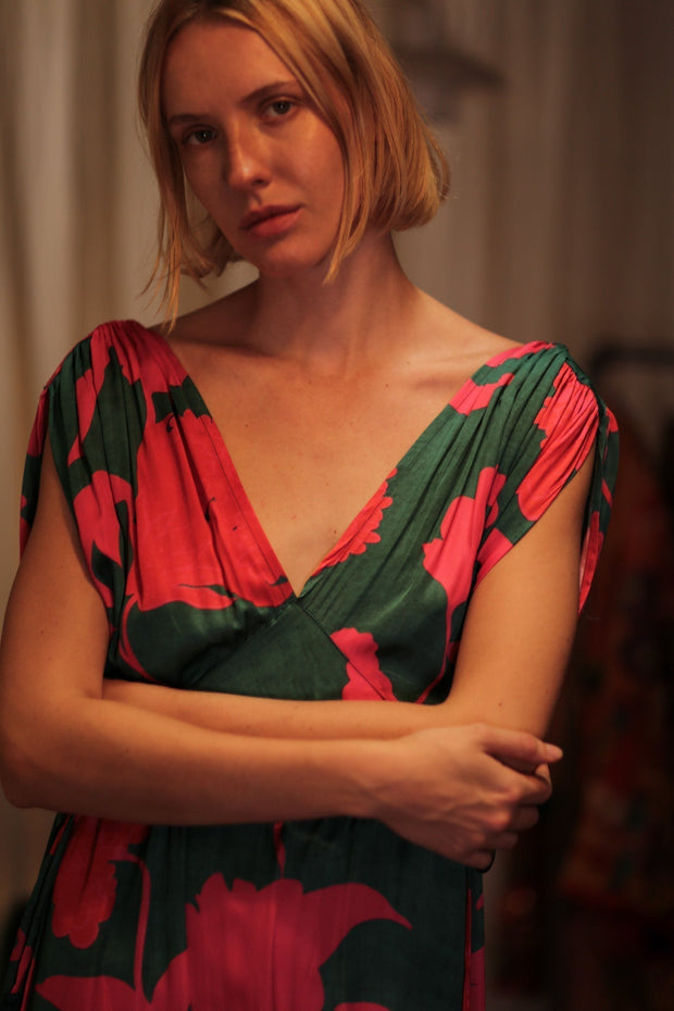VICTORIA SILK DRESS VERMILION VINES - sustainably made MOMO NEW YORK sustainable clothing, Boho Chic Dress slow fashion