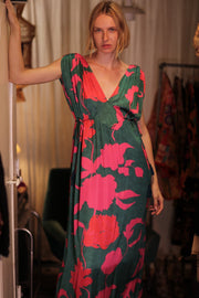 VICTORIA SILK DRESS VERMILION VINES - sustainably made MOMO NEW YORK sustainable clothing, Boho Chic Dress slow fashion