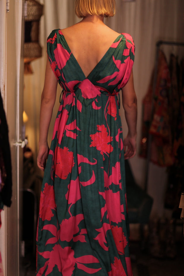 VICTORIA SILK DRESS VERMILION VINES - sustainably made MOMO NEW YORK sustainable clothing, Boho Chic Dress slow fashion
