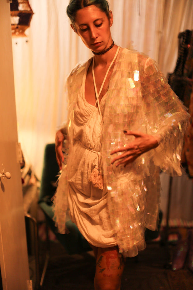 WHITE GLITTER KIMONO HEIKY - sustainably made MOMO NEW YORK sustainable clothing, bestseller slow fashion