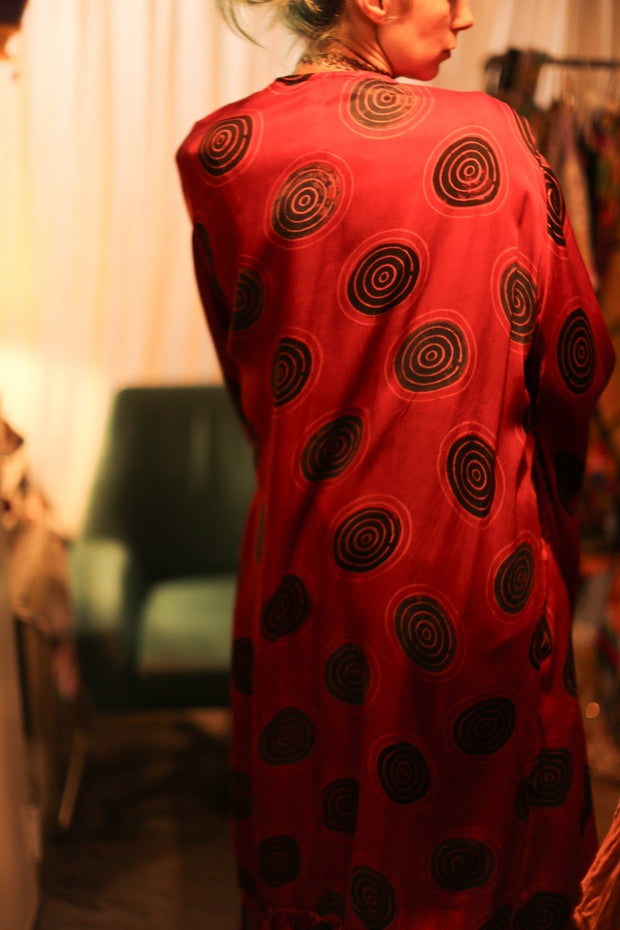 XL WING SILK KIMONO PINA RED CRICLE - sustainably made MOMO NEW YORK sustainable clothing, bestseller slow fashion