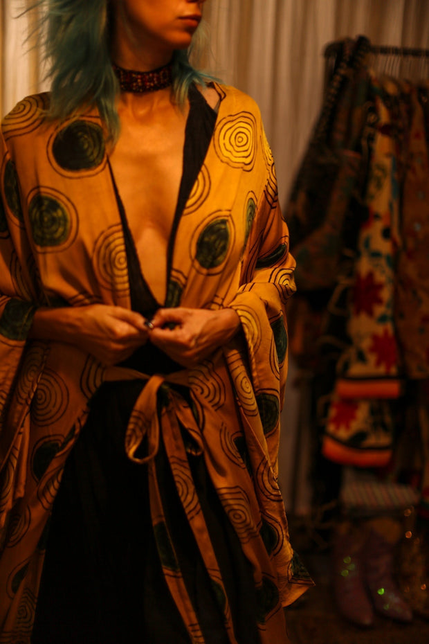 XL WING SILK KIMONO PINA YELLOW CIRLCE - sustainably made MOMO NEW YORK sustainable clothing, bestseller slow fashion