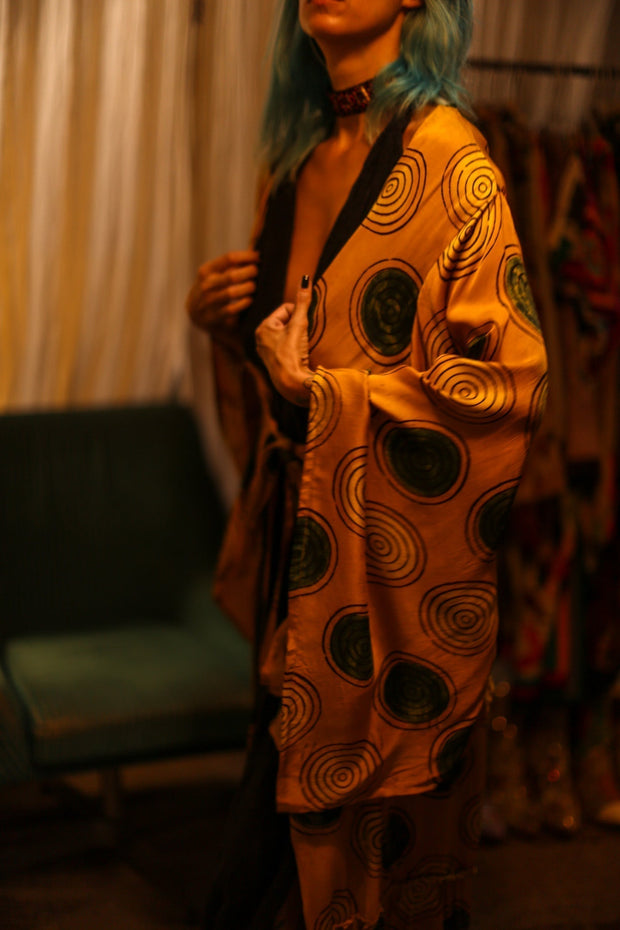 XL WING SILK KIMONO PINA YELLOW CIRLCE - sustainably made MOMO NEW YORK sustainable clothing, bestseller slow fashion