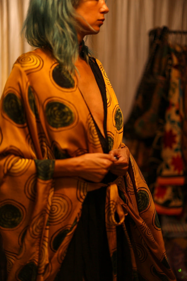 XL WING SILK KIMONO PINA YELLOW CIRLCE - sustainably made MOMO NEW YORK sustainable clothing, bestseller slow fashion