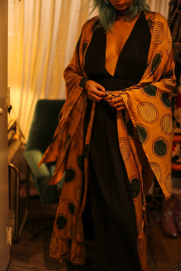 XL WING SILK KIMONO PINA YELLOW CIRLCE - sustainably made MOMO NEW YORK sustainable clothing, bestseller slow fashion