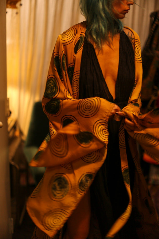 XL WING SILK KIMONO PINA YELLOW CIRLCE - sustainably made MOMO NEW YORK sustainable clothing, bestseller slow fashion