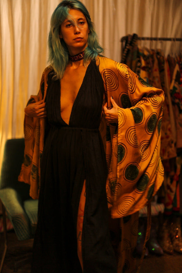 XL WING SILK KIMONO PINA YELLOW CIRLCE - sustainably made MOMO NEW YORK sustainable clothing, bestseller slow fashion