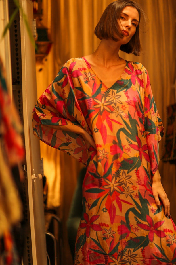YAYA SILK KAFTAN COLORFUL FOREST - sustainably made MOMO NEW YORK sustainable clothing, dresskaftan slow fashion