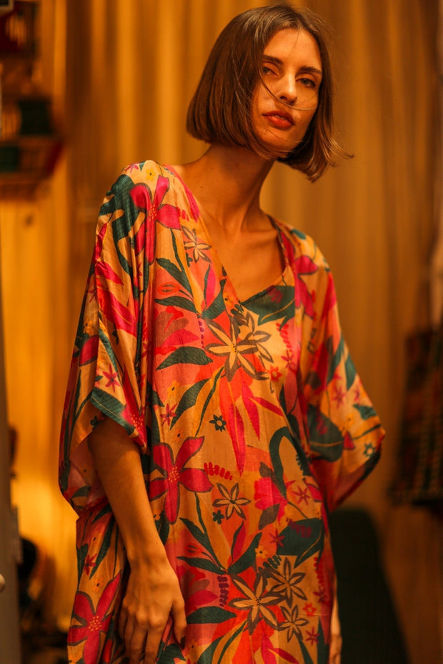 YAYA SILK KAFTAN COLORFUL FOREST - sustainably made MOMO NEW YORK sustainable clothing, dresskaftan slow fashion