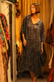 YAYA SILK KAFTAN DARK BLUE - sustainably made MOMO NEW YORK sustainable clothing, dresskaftan slow fashion