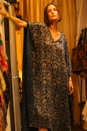 YAYA SILK KAFTAN DARK BLUE - sustainably made MOMO NEW YORK sustainable clothing, dresskaftan slow fashion