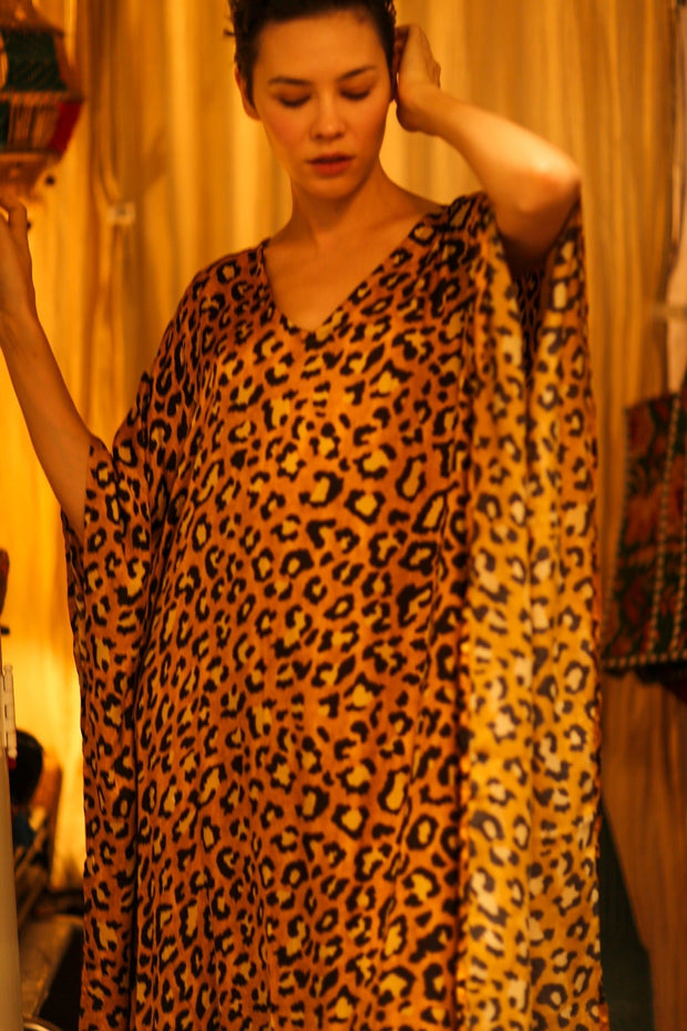 YAYA SILK KAFTAN LEOPARD YELLOW - sustainably made MOMO NEW YORK sustainable clothing, dresskaftan slow fashion