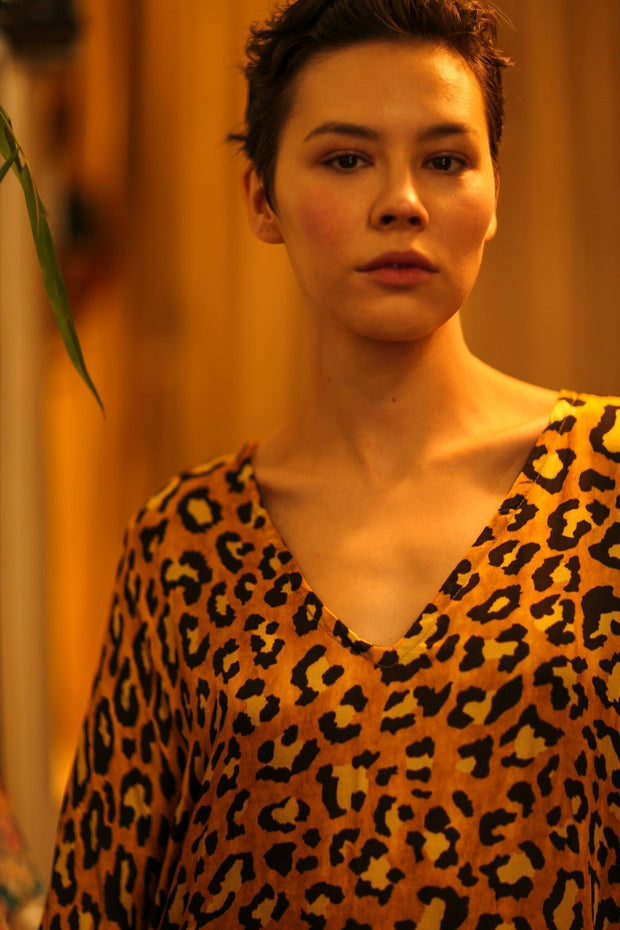 YAYA SILK KAFTAN LEOPARD YELLOW - sustainably made MOMO NEW YORK sustainable clothing, dresskaftan slow fashion