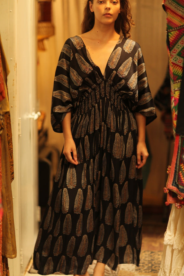 ZURI SILK DRESS BLACK FEATHER - sustainably made MOMO NEW YORK sustainable clothing, Boho Chic Dress slow fashion