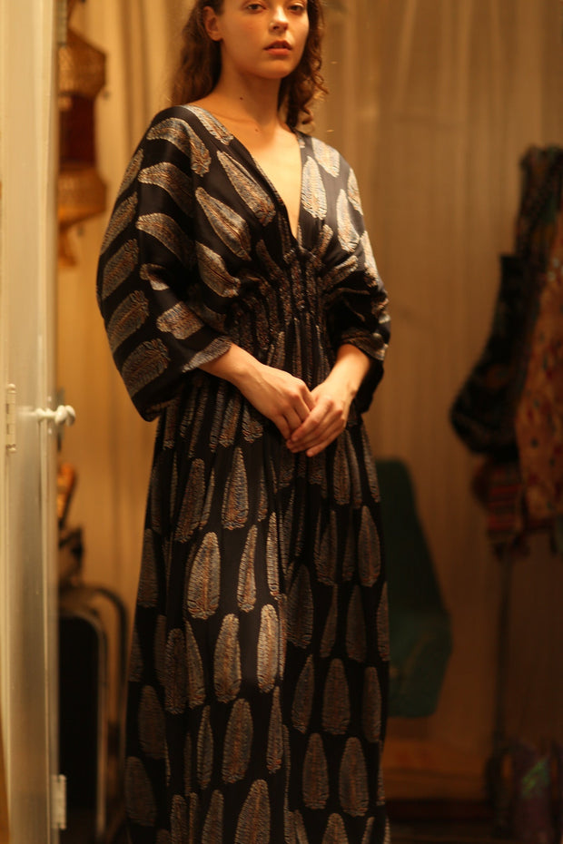 ZURI SILK DRESS BLACK FEATHER - sustainably made MOMO NEW YORK sustainable clothing, Boho Chic Dress slow fashion