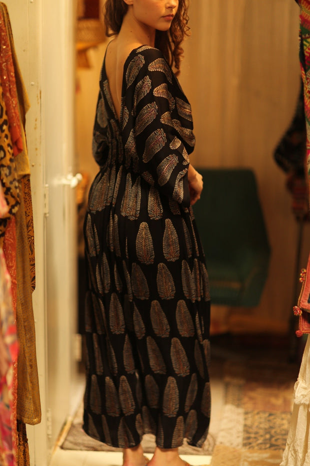 ZURI SILK DRESS BLACK FEATHER - sustainably made MOMO NEW YORK sustainable clothing, Boho Chic Dress slow fashion